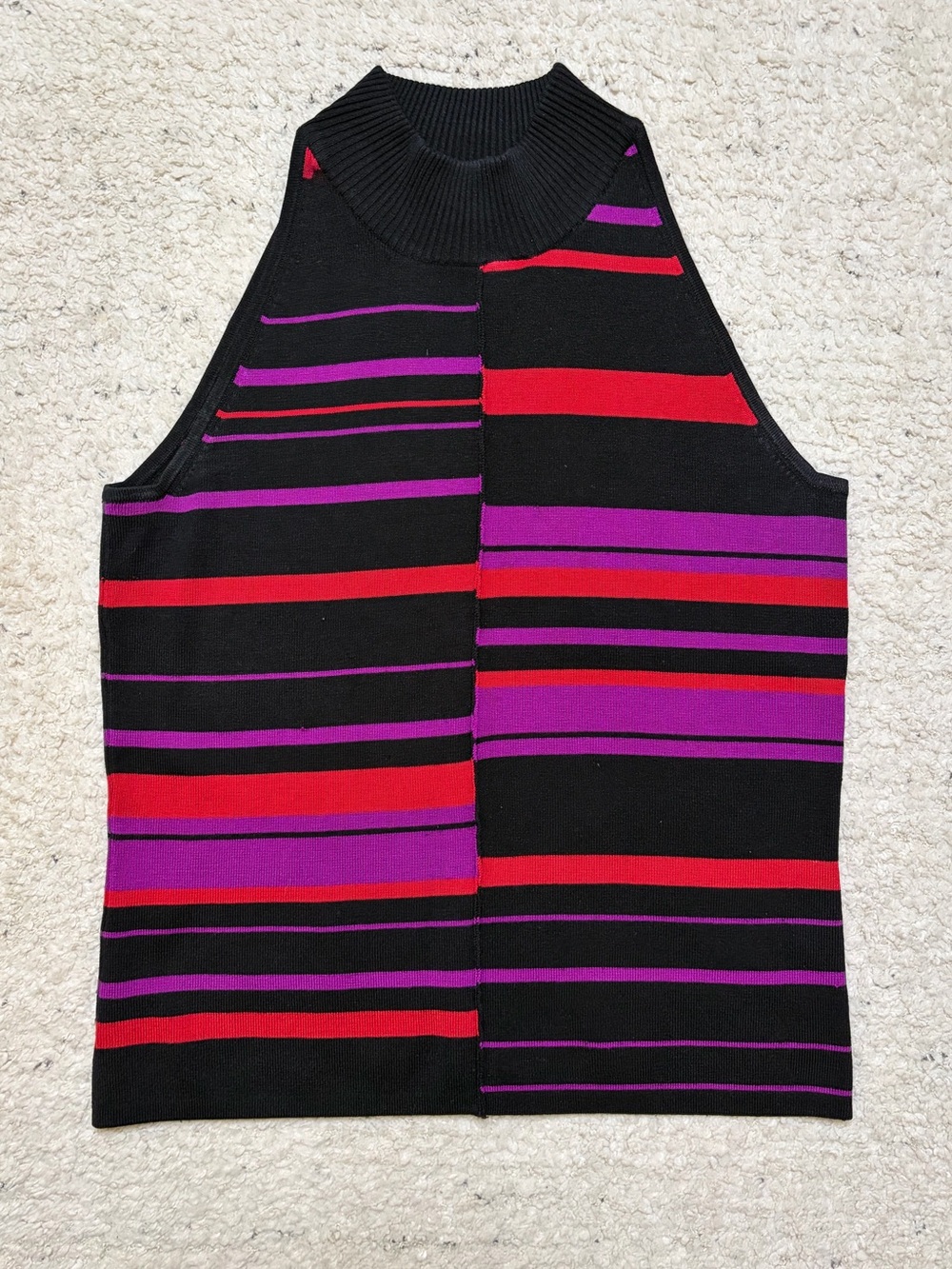 Sleeveless Silk and Nylon Striped Knit turtleneck Tank - Black Red & Purple